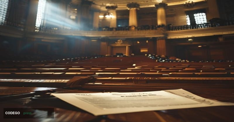 A dramatic photorealistic editorial photograph set inside the United States Senate chamber in Washington D.C., captured from 