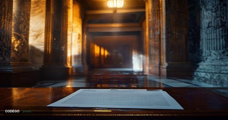 A cinematic editorial photograph set inside a grand, high-ceilinged U.S. Senate chamber corridor, shot from a low angle looki