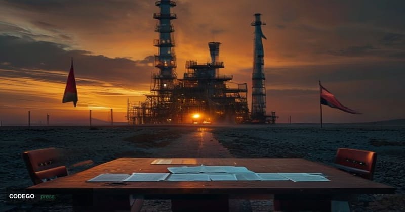 A cinematic editorial photograph shot from a low angle looking upward at a towering oil derrick silhouetted against a deep am