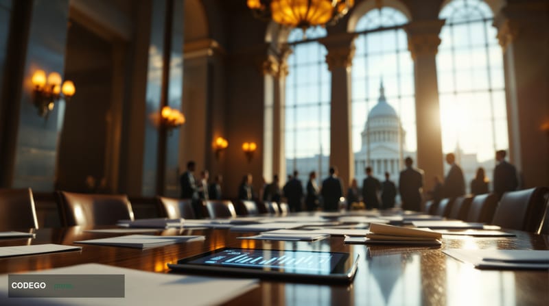 A cinematic editorial photograph set inside a grand congressional meeting room in Washington D.C., with warm amber light stre