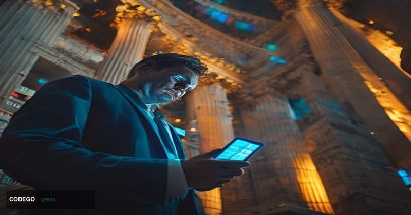 A cinematic editorial photograph taken at the New York Stock Exchange trading floor on Wall Street, shot from a low angle loo