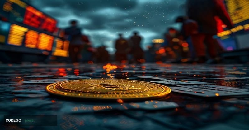 A dramatic cinematic editorial photograph taken from a low angle looking up at a crumbling golden coin bearing a stylized sil