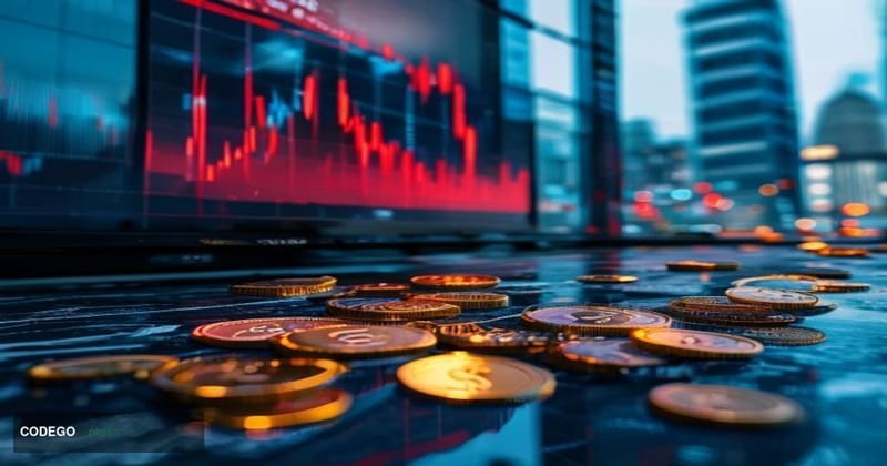 A cinematic editorial photograph showing a large digital trading screen displaying a sharply declining red price chart for a 