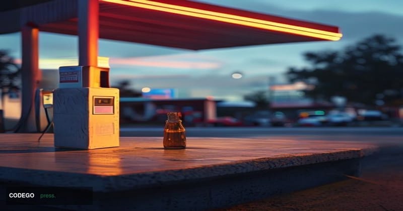 A photorealistic editorial news photograph taken at a mid-sized American gas station forecourt at dusk, with a large illumina