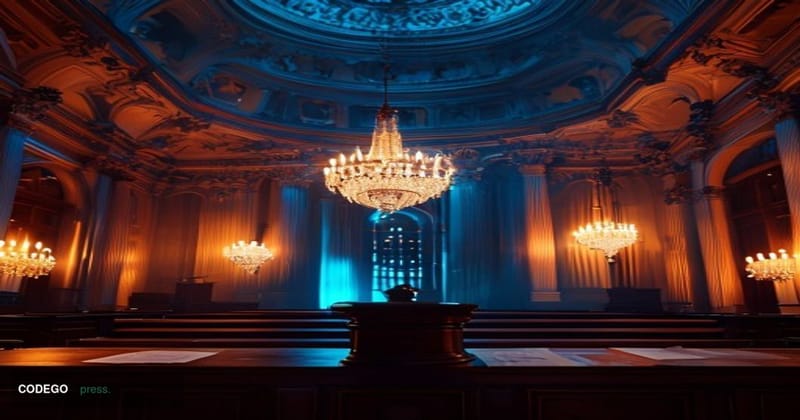 A photorealistic cinematic editorial photograph set inside the United States Senate chamber, captured from a low wide-angle p