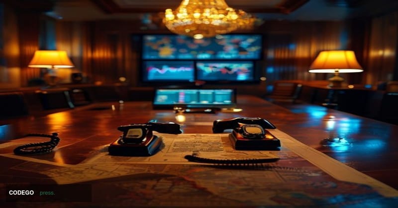 A cinematic editorial photograph set in a dimly lit, formal diplomatic situation room with a large polished mahogany table at