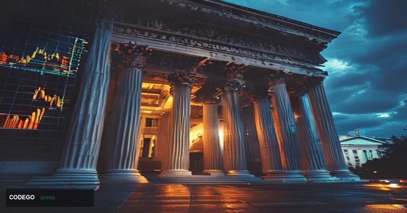 A cinematic editorial photograph captured from a low angle looking up at the neoclassical marble facade of the United States 