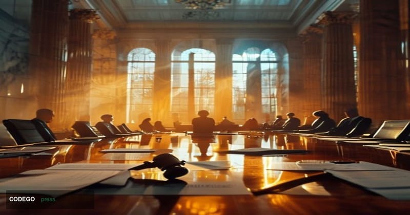 A cinematic editorial photograph set inside a grand, columned congressional meeting room bathed in warm amber late-afternoon 