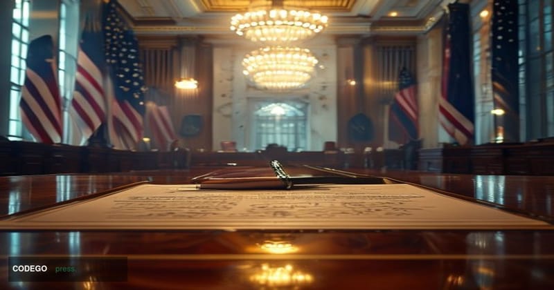A photorealistic cinematic editorial photograph set inside a grand governmental signing ceremony room in Washington D.C., evo