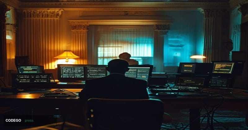 A cinematic editorial photograph set in a dimly lit White House briefing room, shot from a low angle looking toward an illumi
