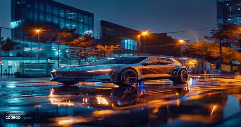 A cinematic editorial photograph of a sleek autonomous vehicle prototype parked on a rain-slicked urban test track at dusk, w