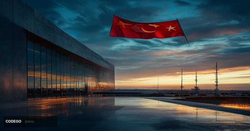 A cinematic editorial photograph shot at golden hour from a low angle, looking up at the façade of a modern Ankara government