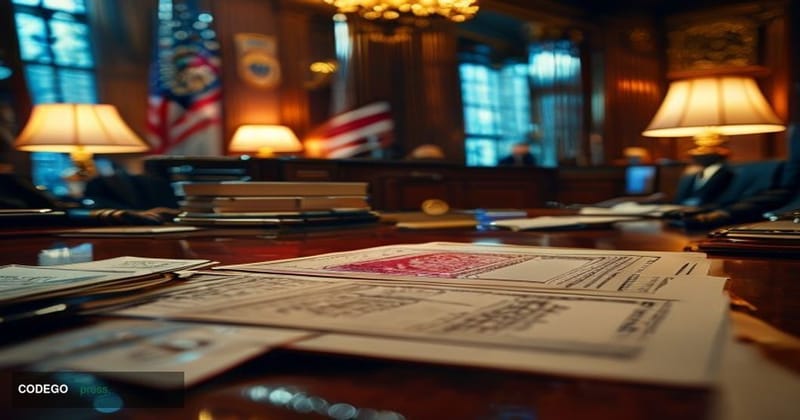 A dramatic cinematic editorial photograph set inside a grand state government chamber or attorney general's office, featuring