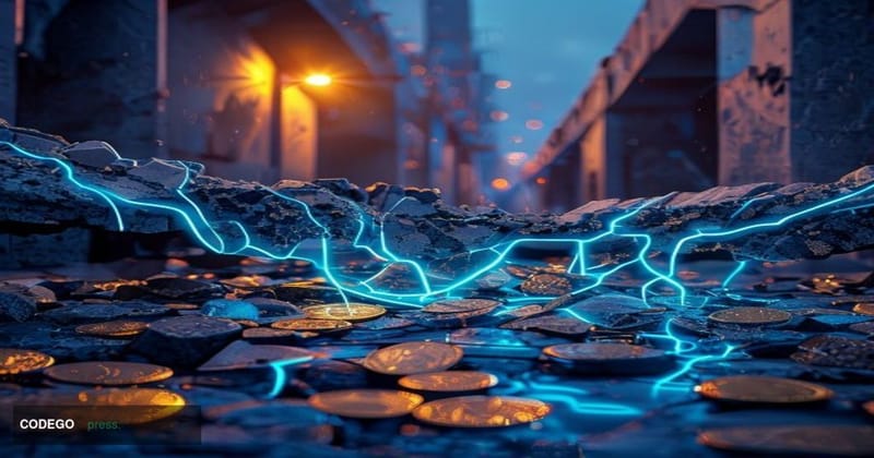 A dramatic cinematic editorial photograph depicting a fractured digital bridge structure rendered as a physical architectural