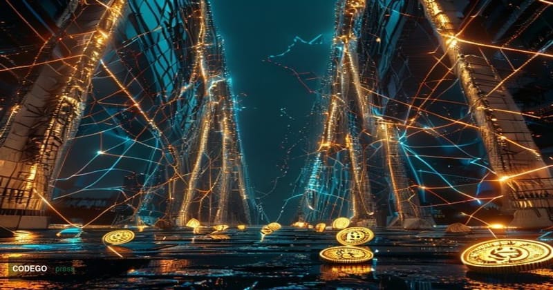 A cinematic editorial photograph shot from a low angle looking up at two massive glowing digital bridge structures suspended 