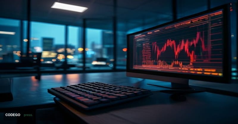 A cinematic editorial photograph of BitMart's branded trading interface displayed on a darkened monitor, screen glowing with 