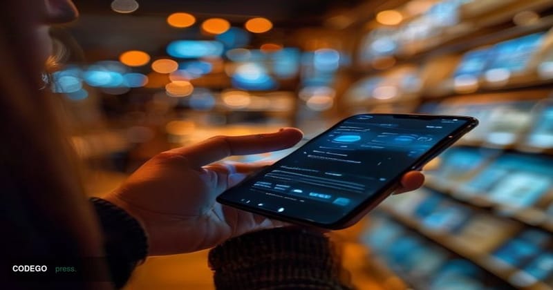 A photorealistic editorial photograph capturing a close-up of a consumer's hands holding a modern smartphone displaying an AI