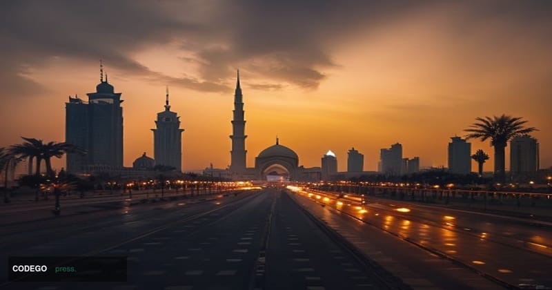 A cinematic editorial photograph taken at dusk over the Abu Dhabi skyline, with the iconic Sheikh Zayed Grand Mosque visible 