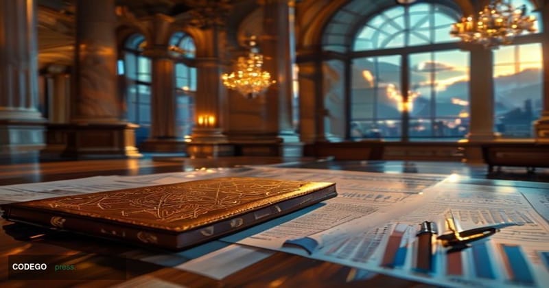 A photorealistic cinematic editorial photograph set inside a grand European private banking hall, evoking Zurich's prestigiou