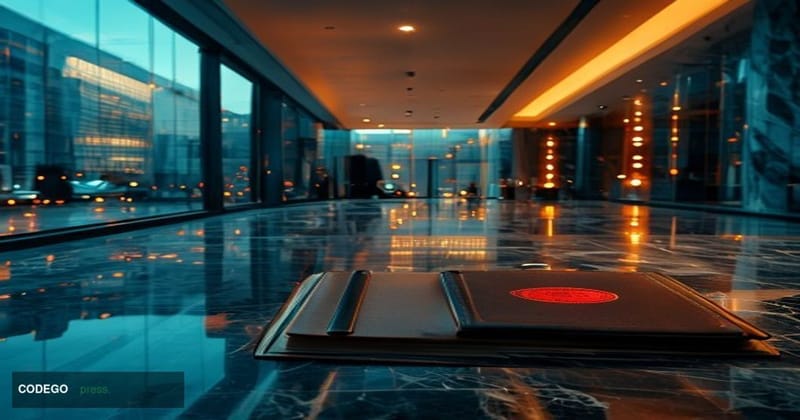 A dramatic cinematic editorial photograph set inside a grand, high-ceilinged private banking hall, marble floors reflecting c