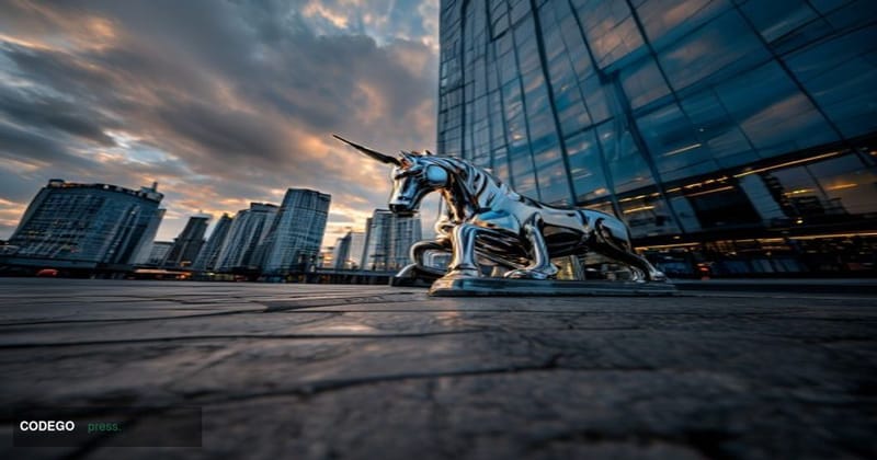 A cinematic editorial photograph taken from a low angle looking up at the glass and steel facade of a prominent London financ
