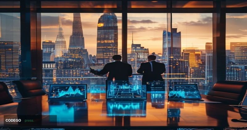 A sleek, modern British corporate boardroom in the City of London, with floor-to-ceiling windows revealing the iconic Gherkin