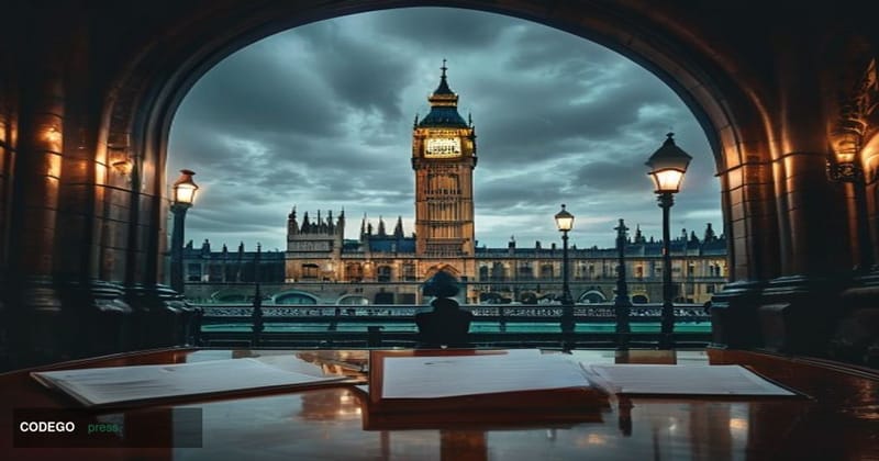 A dramatic cinematic editorial photograph set outside the Palace of Westminster in London, with the iconic Elizabeth Tower (B