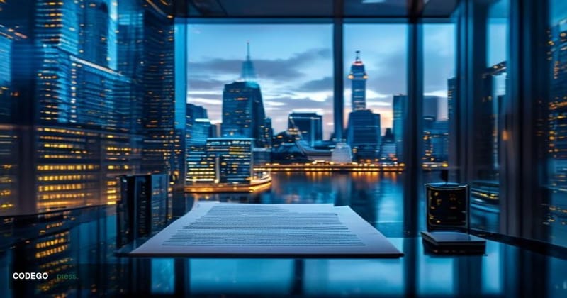 A dramatic wide-angle shot of the City of London financial district at dusk, with the glass towers of Canary Wharf reflected 