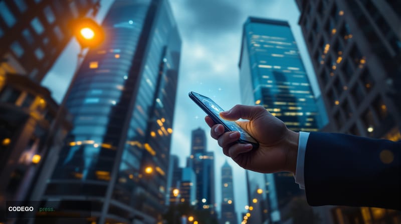 A photorealistic editorial photograph set at the intersection of two iconic London financial district streets, with the glass