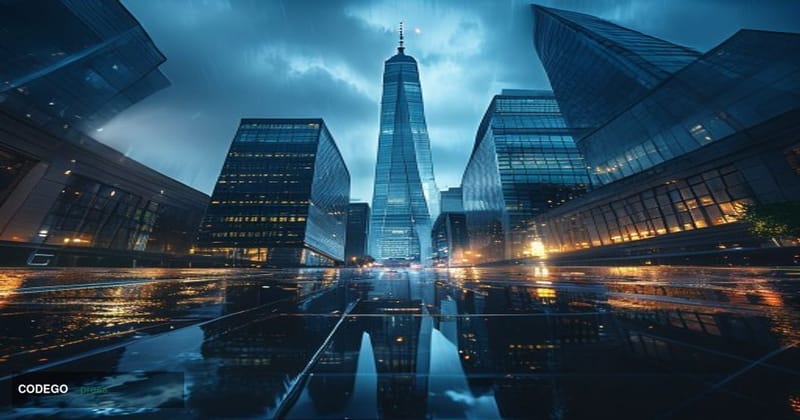 A dramatic wide-angle photorealistic editorial photograph taken from street level looking up at the glass and steel façade of