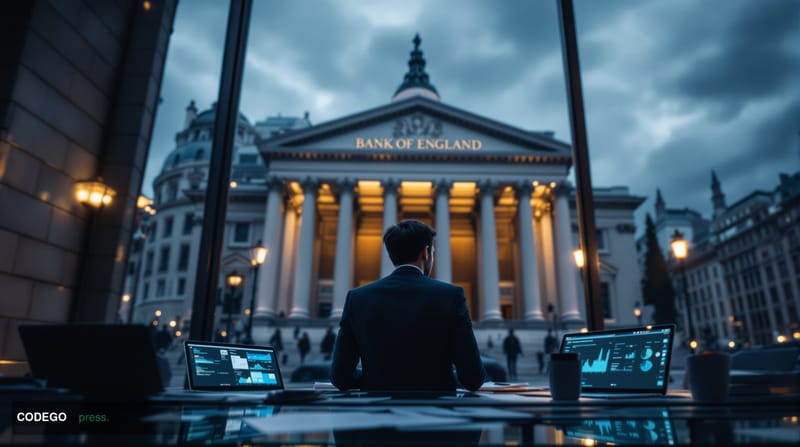 A dramatic editorial photograph set in the City of London financial district, with the unmistakable silhouette of the Bank of