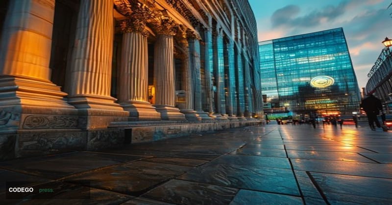 A cinematic editorial photograph taken at street level in the City of London, with the Bank of England's neoclassical stone f