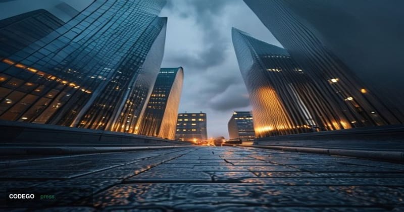 A cinematic editorial photograph shot from a low angle looking up at the glass-and-steel facades of four imposing corporate t
