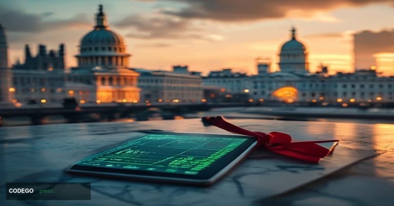 A cinematic editorial photograph set in the heart of the City of London financial district, with the iconic dome of St. Paul'