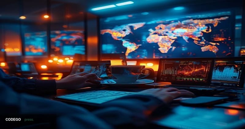 A cinematic editorial photograph set inside a sleek, modern British bank operations centre at night, with rows of monitors di