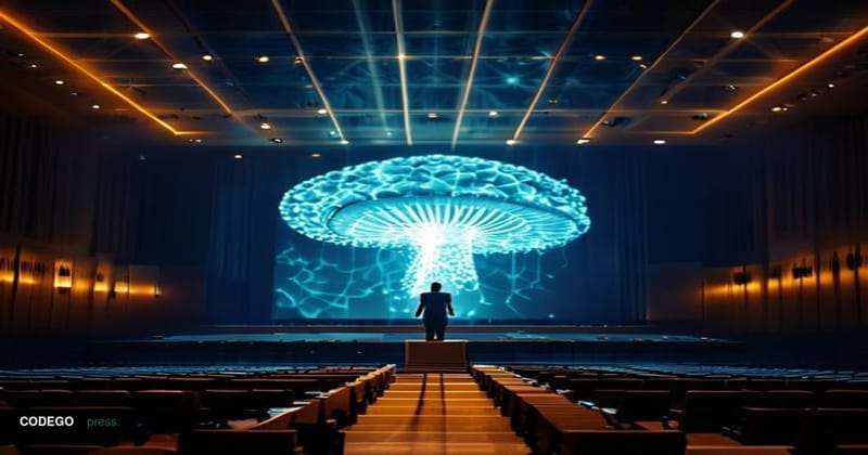 A cinematic editorial photograph set inside a grand diplomatic hall reminiscent of the United Nations General Assembly chambe