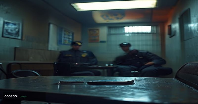 A cinematic editorial photograph set inside a dim, institutional British police interrogation environment, with cold blue ove