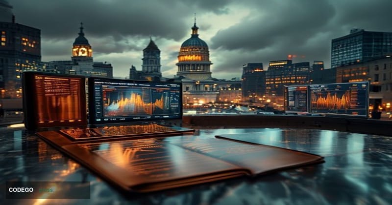 A dramatic cinematic editorial photograph set in the City of London financial district, with the iconic dome of St. Paul's Ca