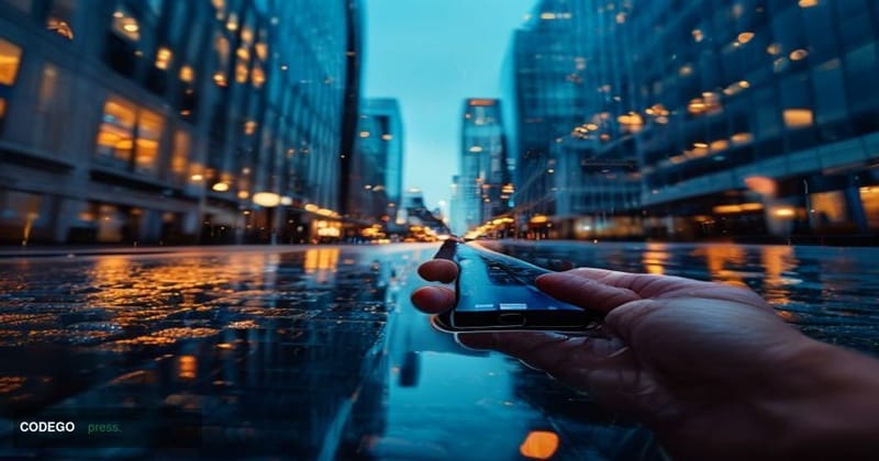 A cinematic editorial photograph set inside a modern British financial district, with the glass facades of Canary Wharf tower
