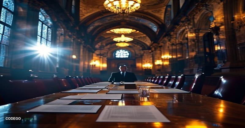 A cinematic editorial photograph set inside a grand, high-ceilinged committee chamber in the Palace of Westminster, London, w