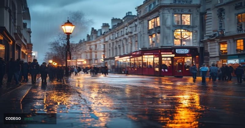 A wide-angle cinematic editorial photograph shot at street level on a rain-slicked London high street during late afternoon, 