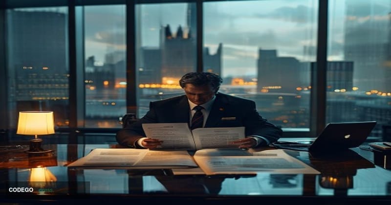 A cinematic editorial photograph set inside a grand, modern British financial regulatory office — evoking the authoritative a