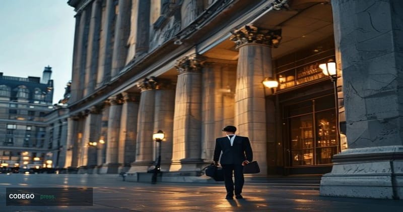 A photorealistic cinematic editorial photograph set outside the Bank of England's iconic neoclassical stone facade on Threadn