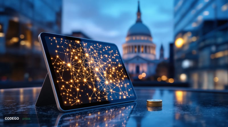 A photorealistic editorial photograph set in the City of London financial district, with the iconic dome of St. Paul's Cathed