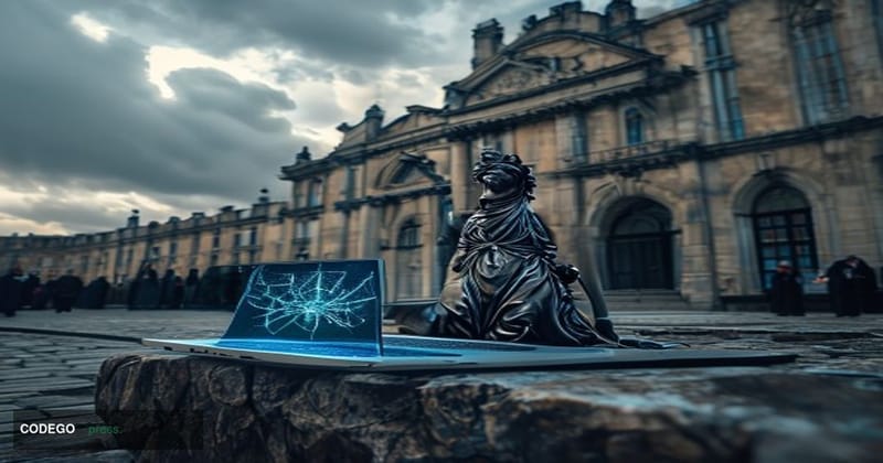 A cinematic editorial photograph set outside the Old Bailey courthouse in London, England, its iconic bronze Lady Justice sta