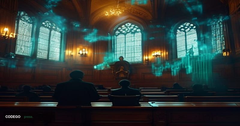 A cinematic editorial photograph set inside a dimly lit London criminal courtroom, viewed from a low angle looking toward the