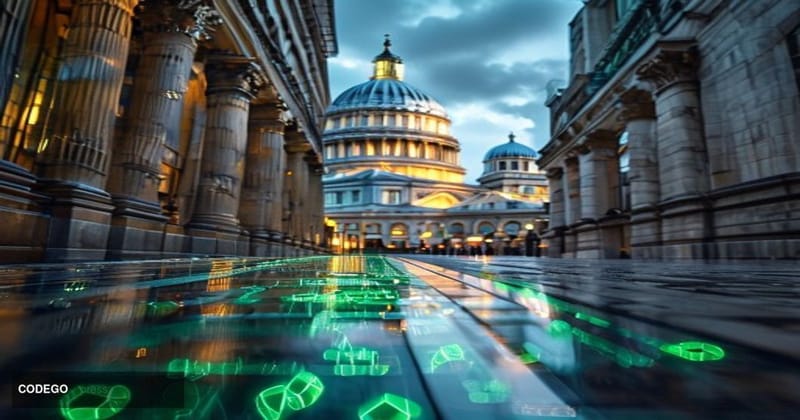 A cinematic editorial photograph set in the City of London financial district, with the iconic dome of St. Paul's Cathedral v