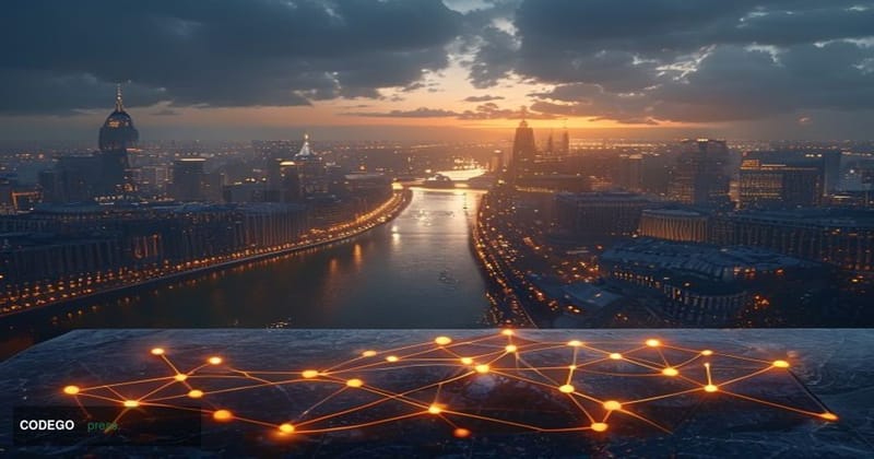 A sweeping cinematic aerial shot looking down along the Thames toward the City of London financial district at dusk, with the