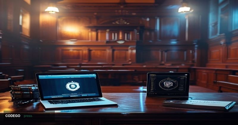 A dramatic cinematic editorial photograph set inside a dimly lit UK courtroom interior, with the iconic dark wood paneling an
