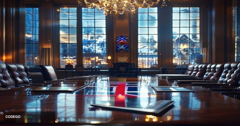 A cinematic editorial photograph set in a formal governmental meeting room blending British and American institutional aesthe